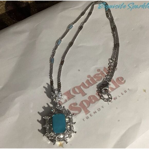 Lab Created  Paraiba Tourmaline &Zircon vintage inspired silver Pendant necklace - Picture 7 of 16